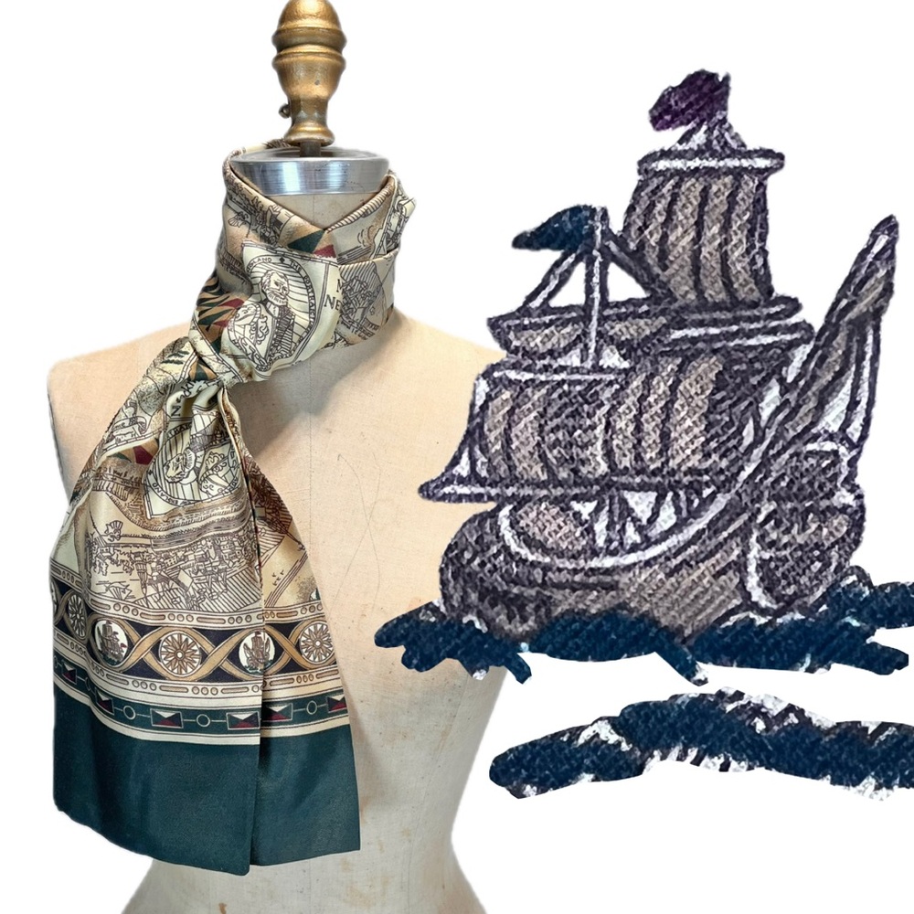 New England Mackintosh old‎ world map antique sailing ship silky scarf history